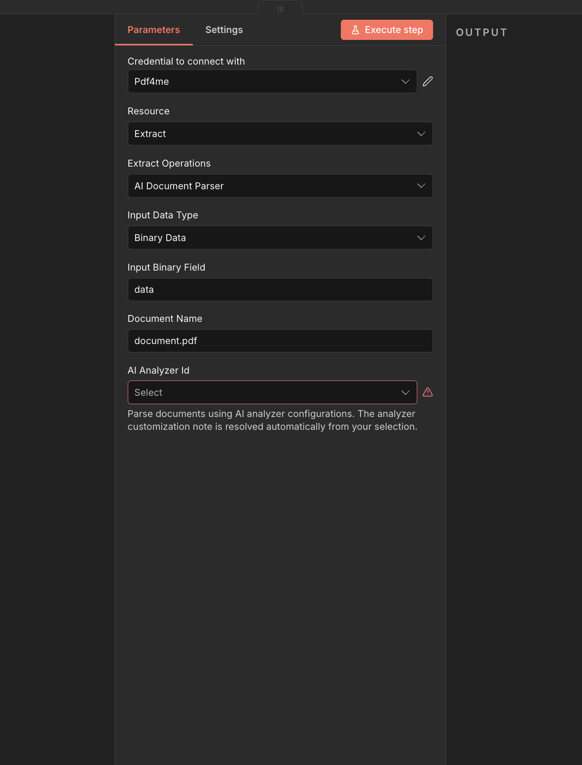 Nodo AI Document Parser n8n que muestra Credential Pdf4me, Resource Extract, Extract Operations AI Document Parser, Input Data Type Binary Data, Input Binary Field data, Document Name document.pdf, y menú desplegable AI Analyzer Id sin configurar (resaltado como obligatorio)